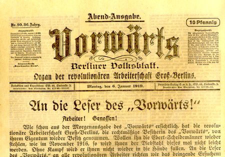 Die Abend Ausgabe des Vorwrts mit Neuigkeiten zum Spartakusaufstand vom 6. Januar 1919