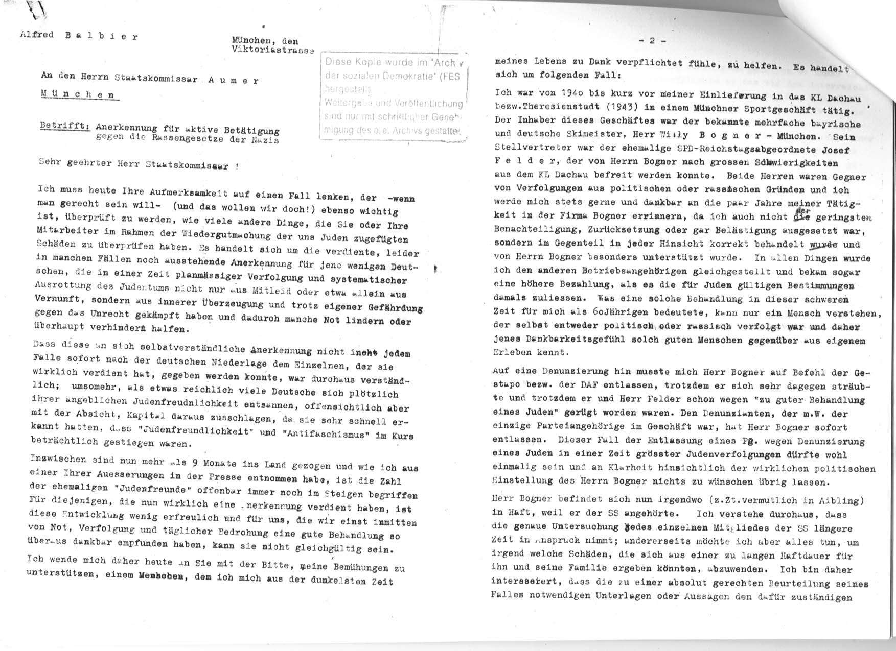 Brief Alfred Balbiers an Staatskommissar Aumer, Teil 1: Anerkennung fr aktive Bettigung Willy Bogners gegen die Rassengesetze der Nazis